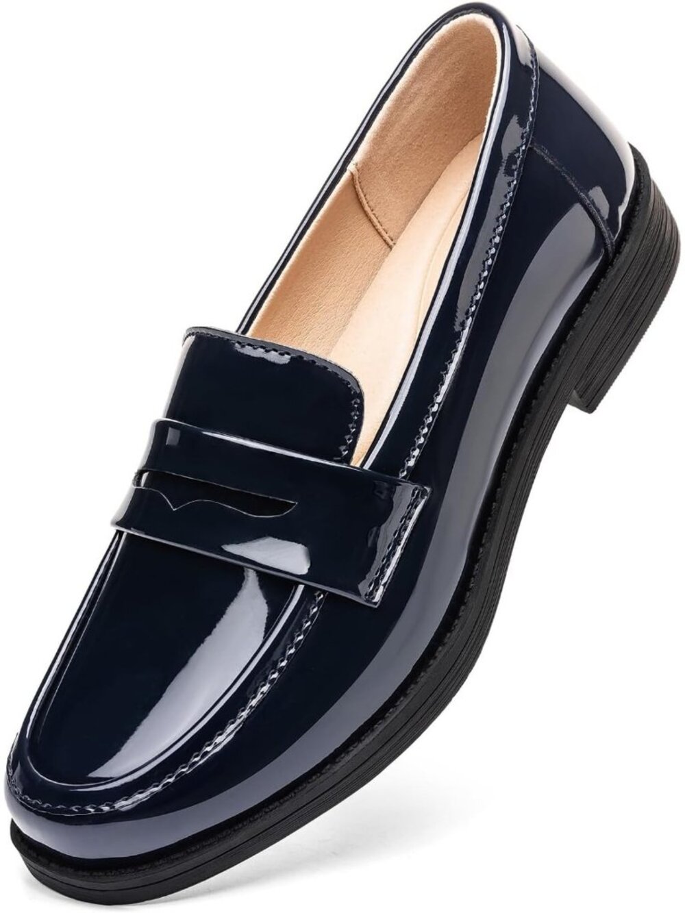 Women’s Navy Patent Comfortable Penny Loafers Slip On Casual Walking Flat Shoes